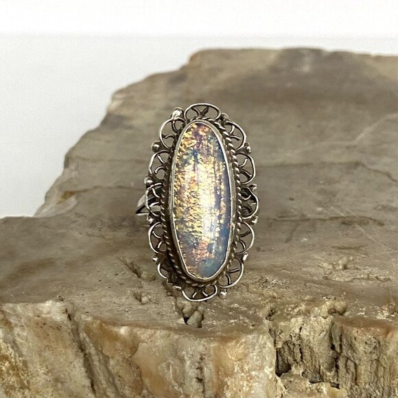 VTG Sterling Silver 925 Elongated Foil Opal Filigree Scrollwork Ring Sz 4.75 - Picture 11 of 16